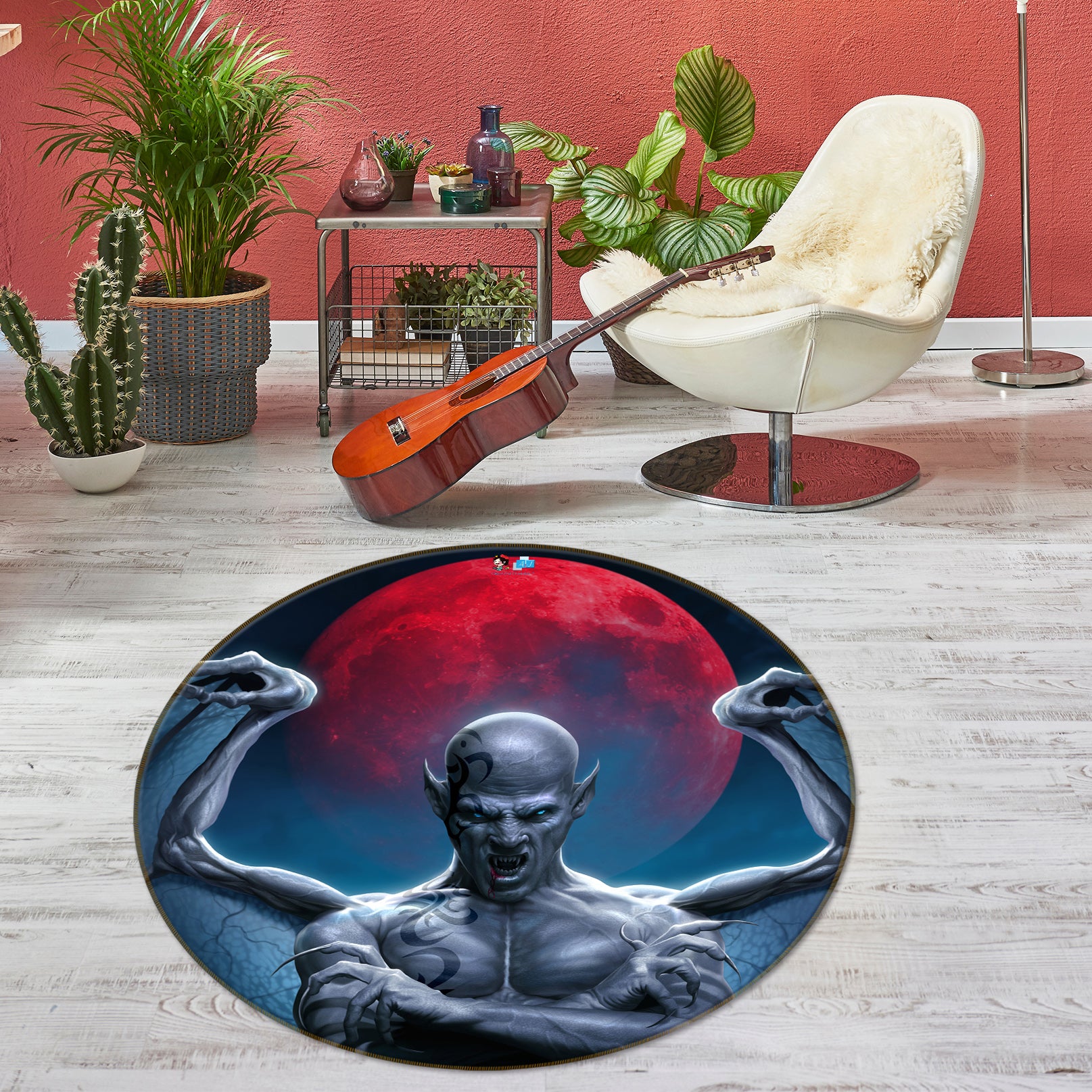 3D Red Moon Dragon Man 4164 Tom Wood Rug Round Non Slip Rug Mat
