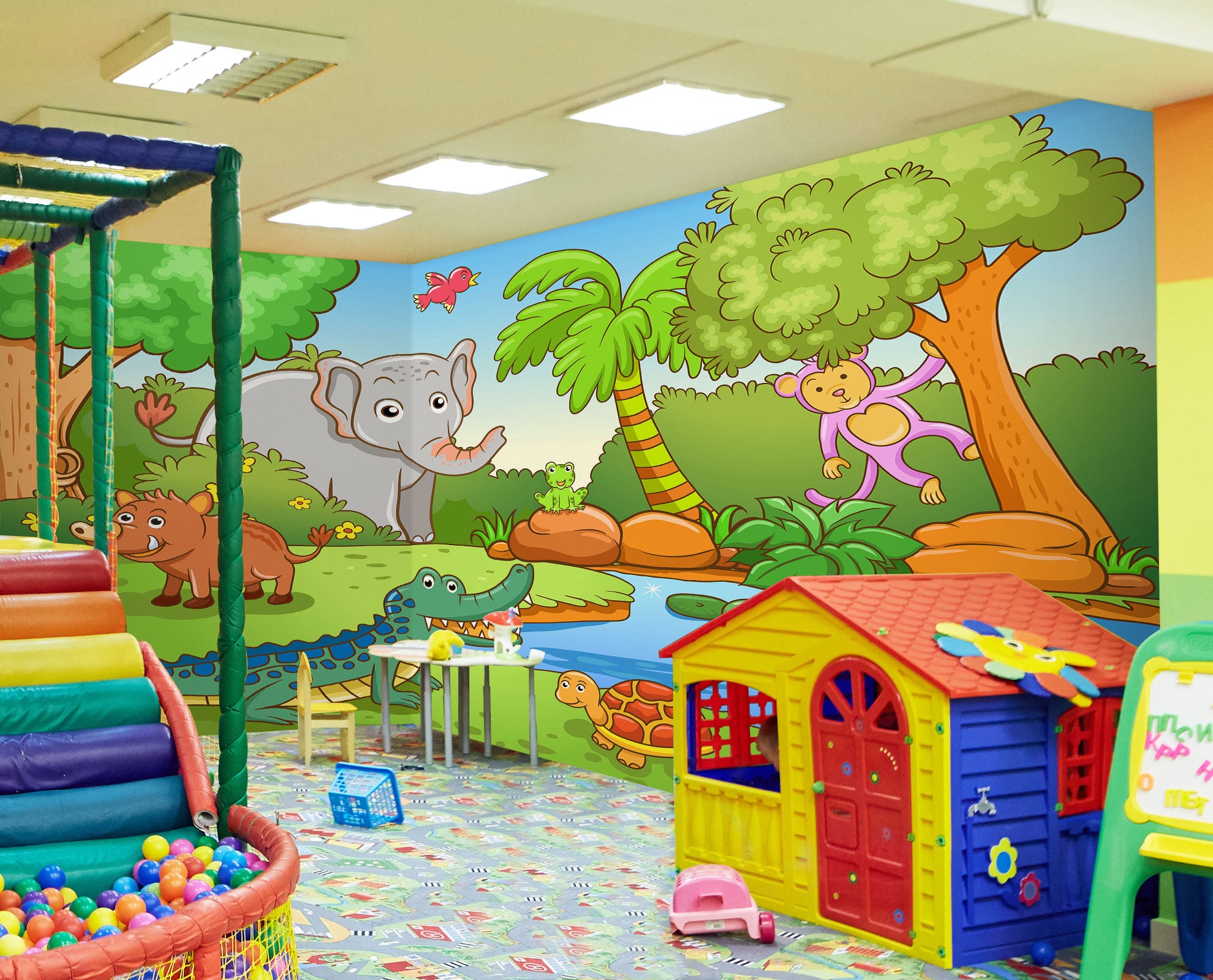 3D Cartoon Elephant Trees 1402 Indoor Play Centres Wall Murals