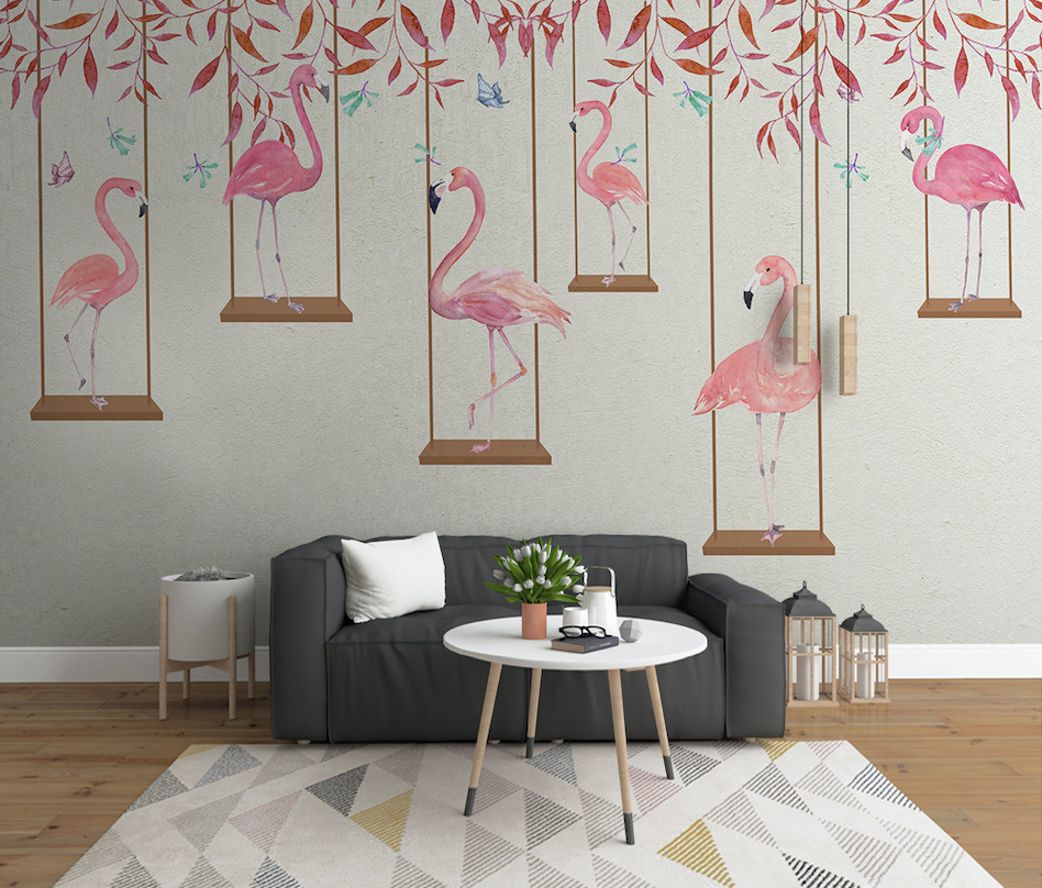 3D Pink Leaf Flamingo WG018 Wall Murals