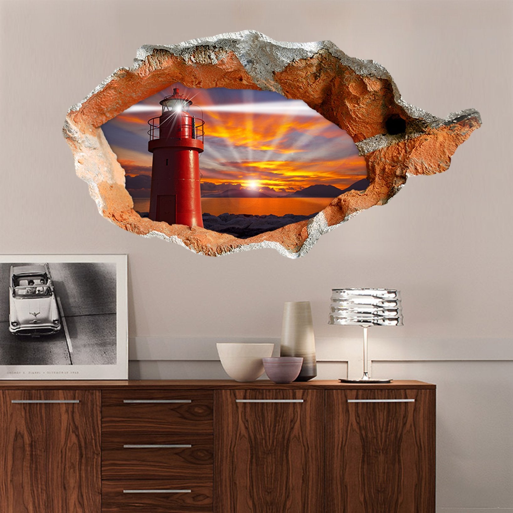 3D Lighthouse Sunset 364 Broken Wall Murals Wallpaper AJ Wallpaper 