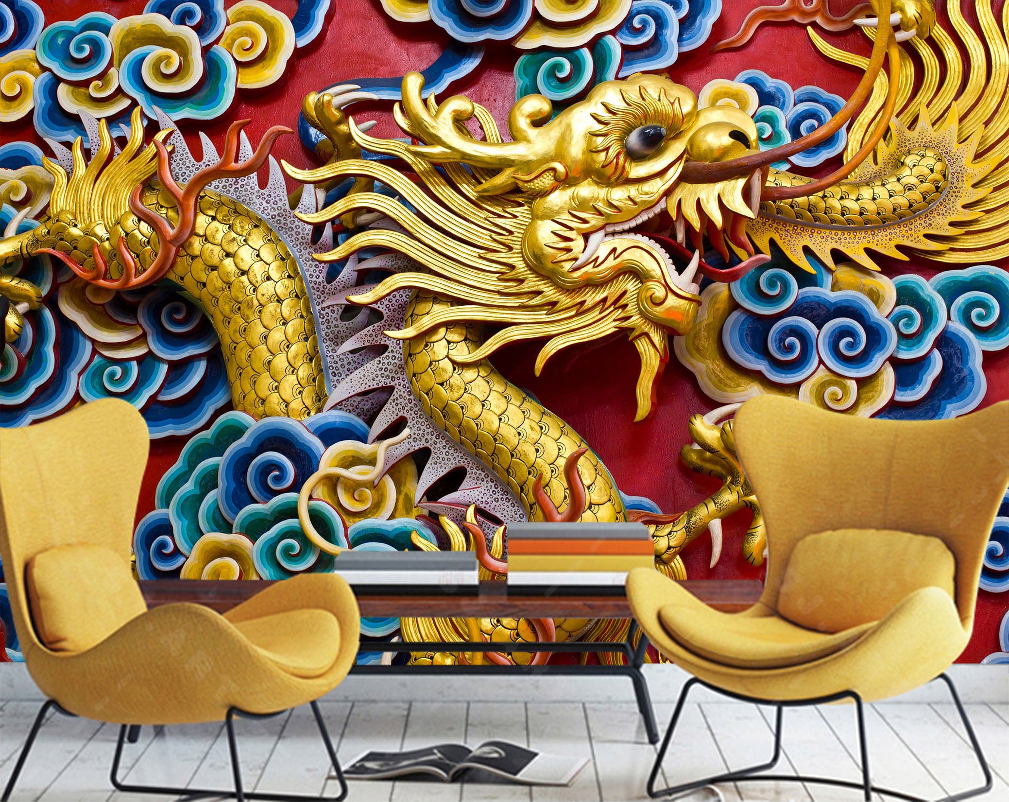 3D Golden Dragon Carving 1524 Wall Murals