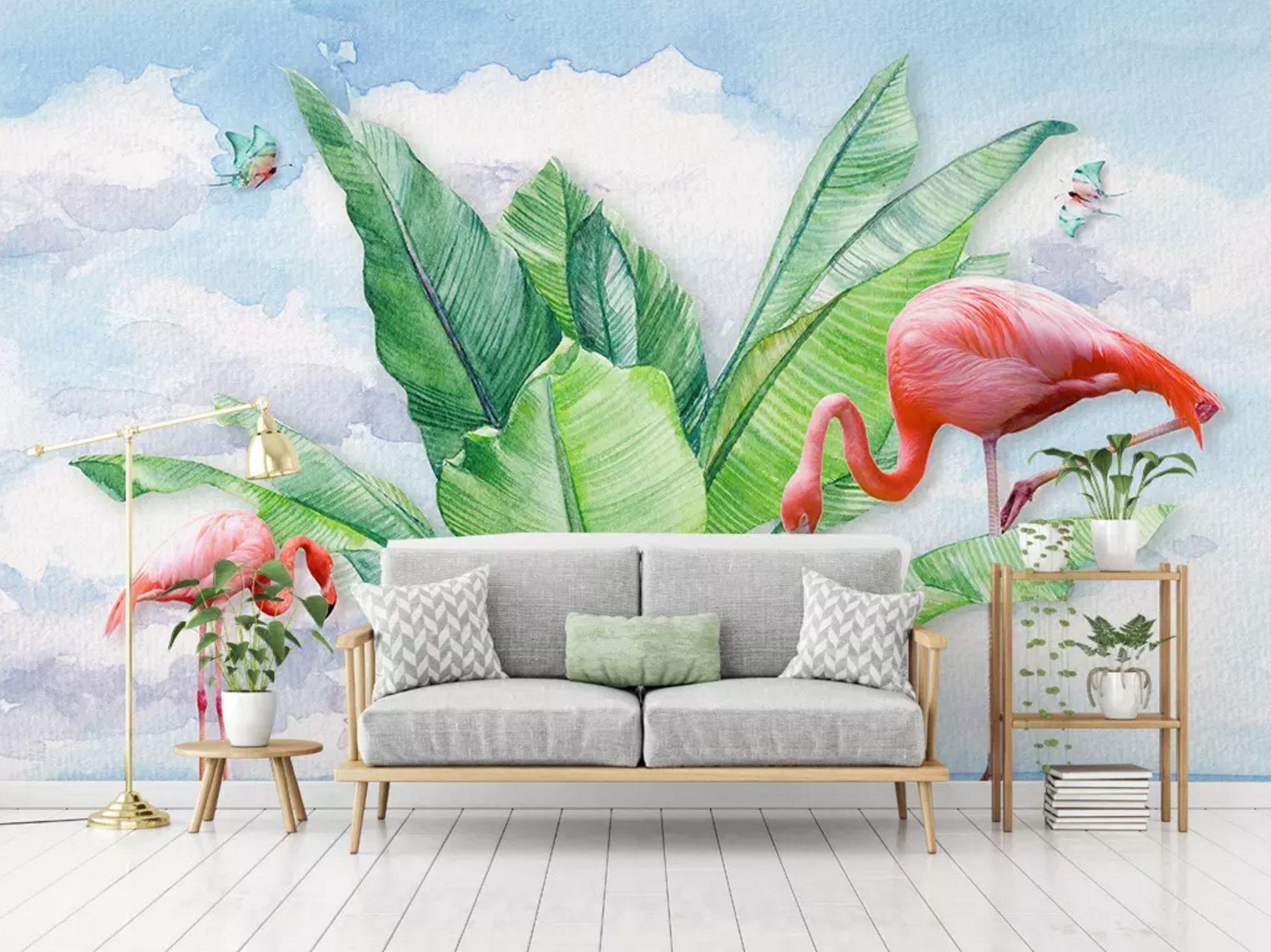 3D Flamingo Big Leaves 309 Wallpaper AJ Wallpaper 