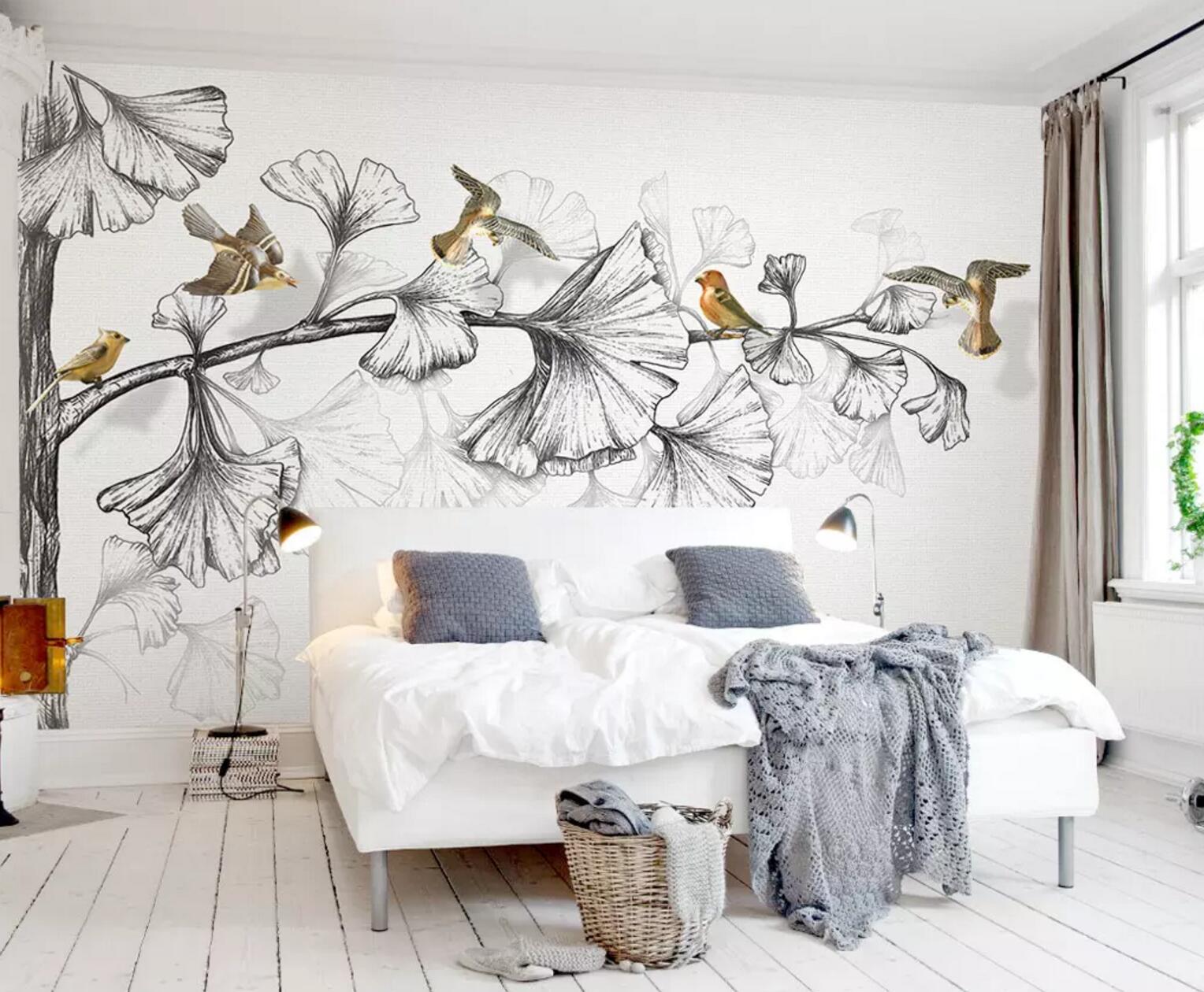 3D Sketch Leaf Bird WC387 Wall Murals