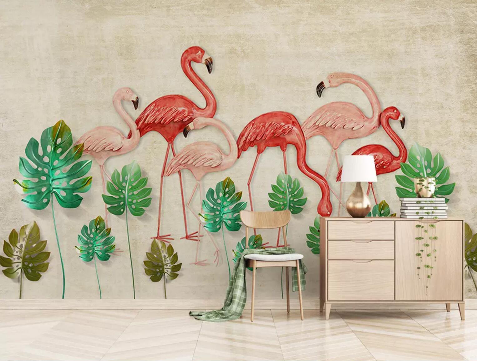 3D Relief Flamingo WC471 Wall Murals