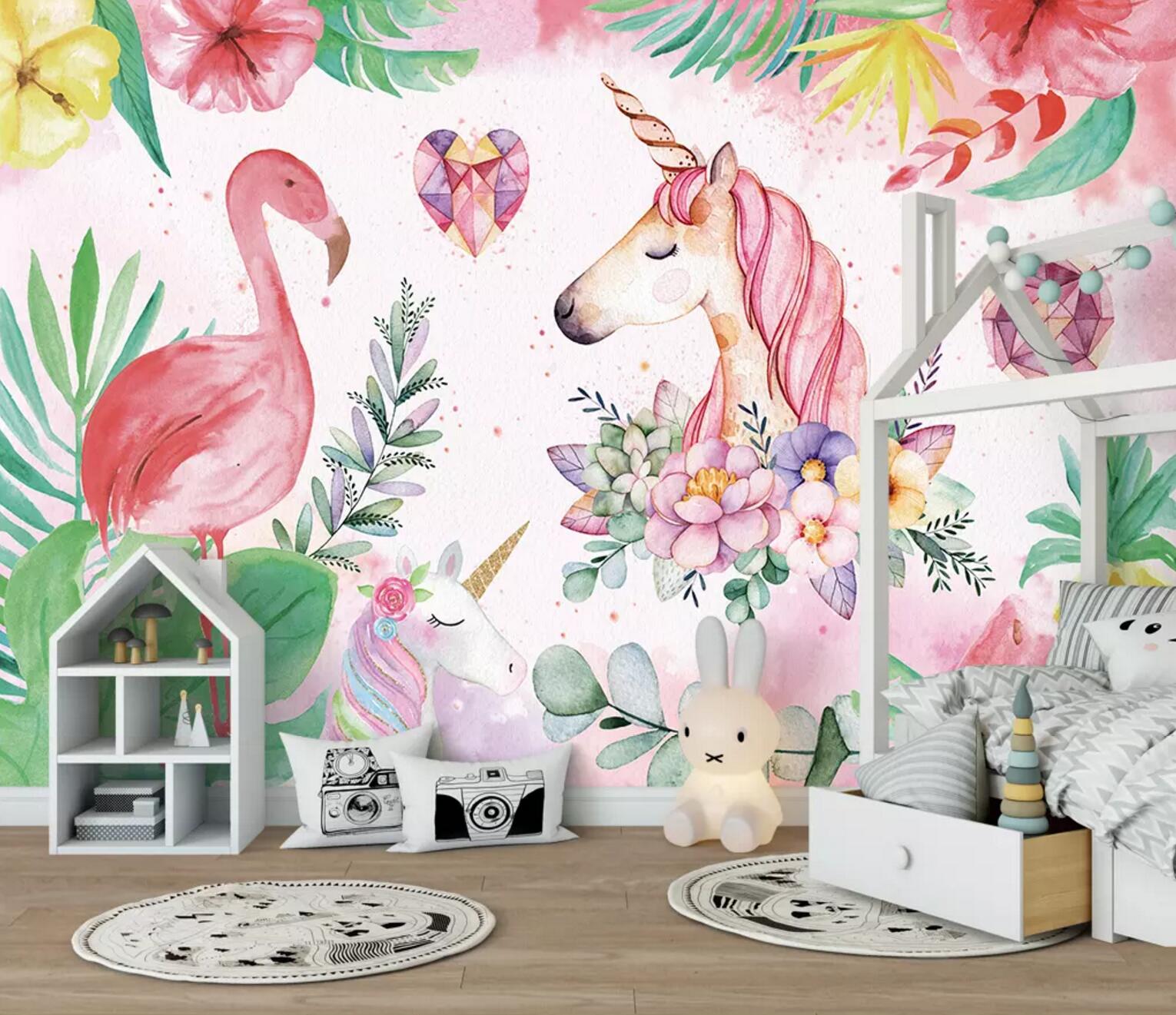 3D Unicorn Flamingo WC631 Wall Murals