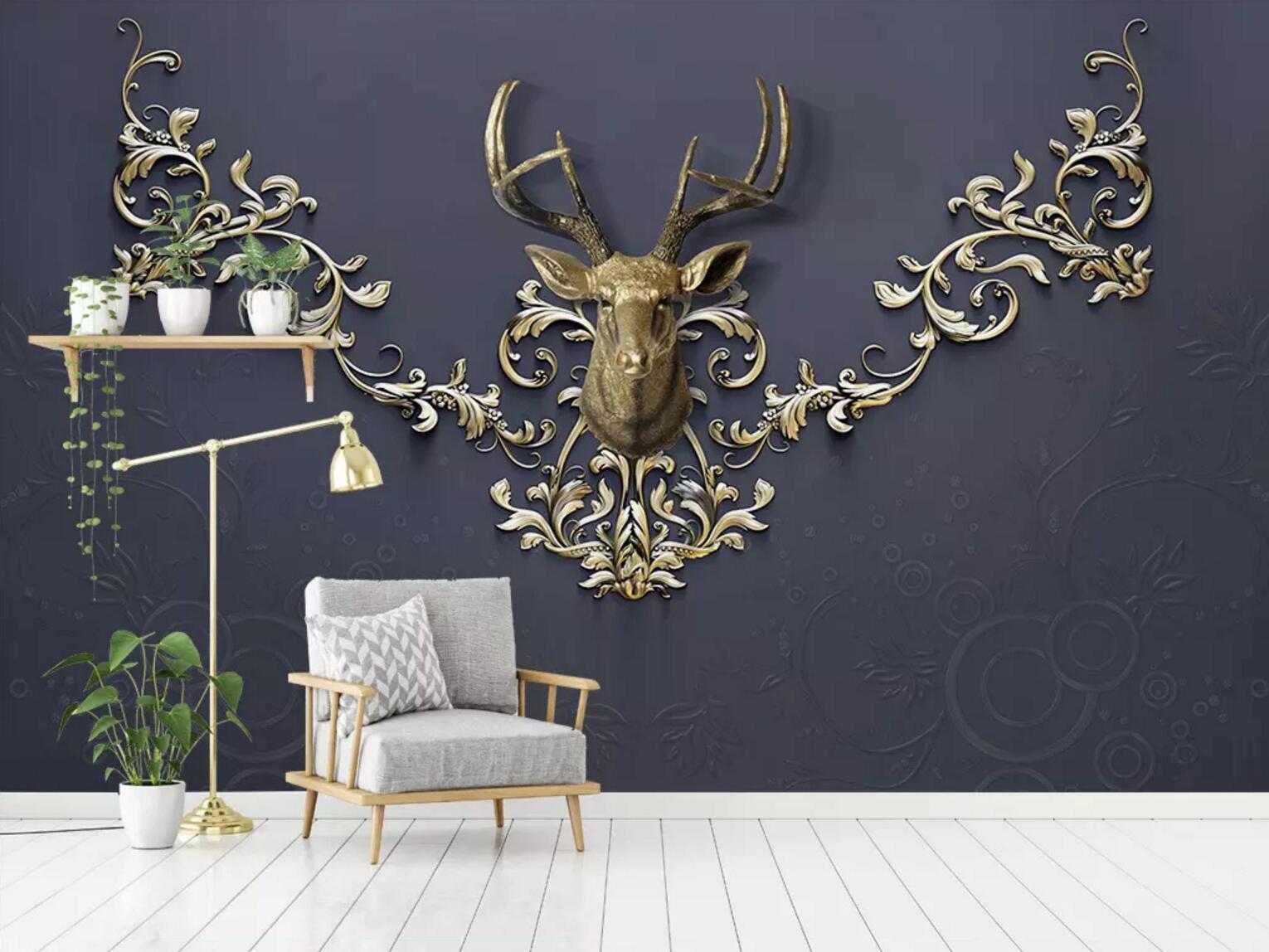 3D Golden Deer Head WC462 Wall Murals