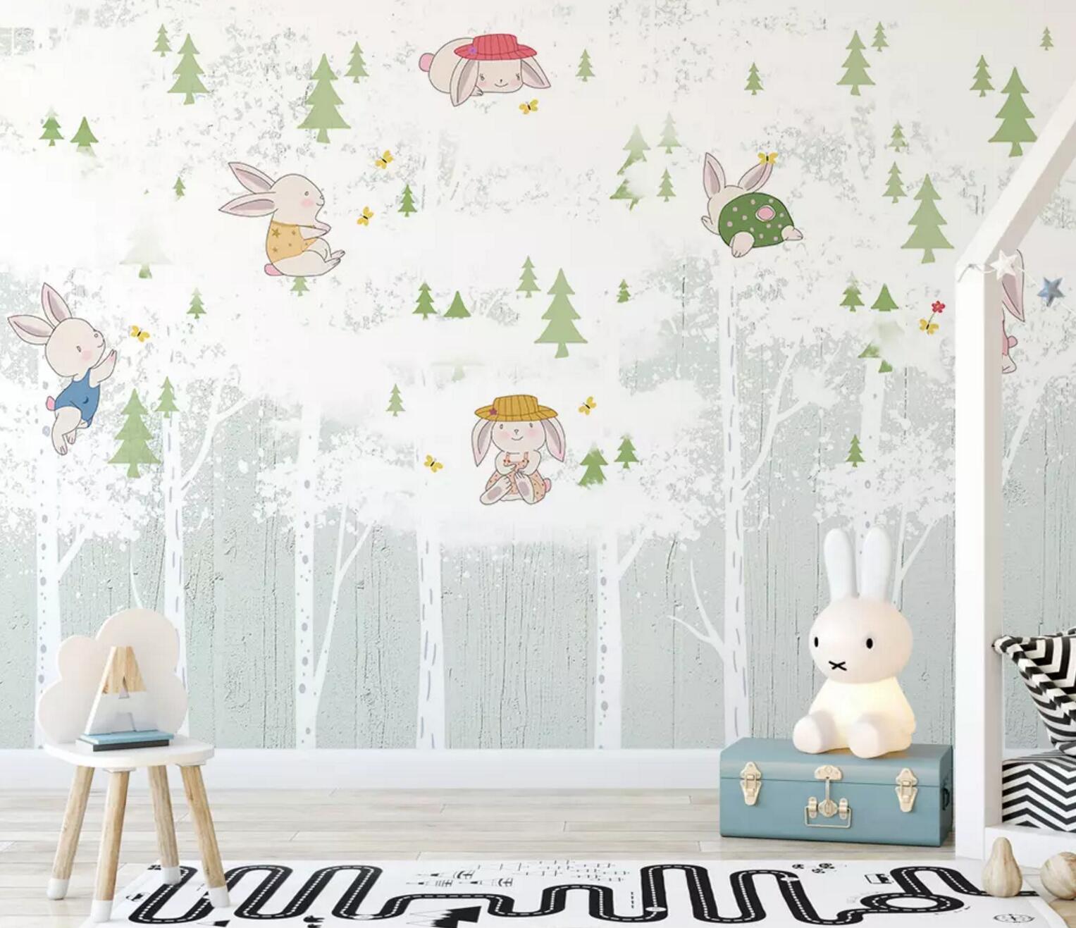3D Pink Rabbit Tree WC718 Wall Murals