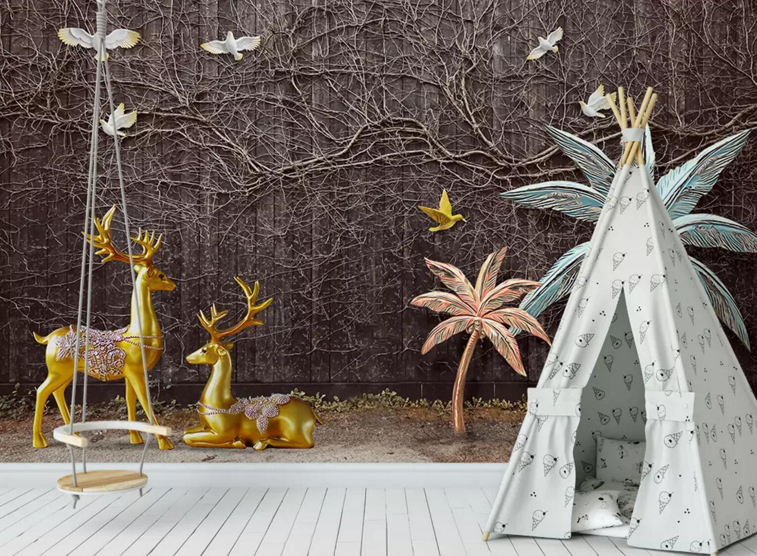 3D Golden Deer Pigeon 126 Wallpaper AJ Wallpaper 