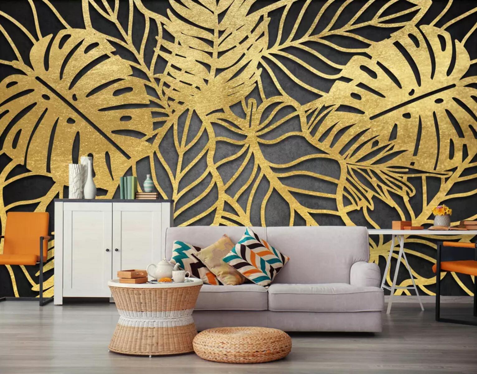 3D Golden Leaf 435 Wallpaper AJ Wallpaper 