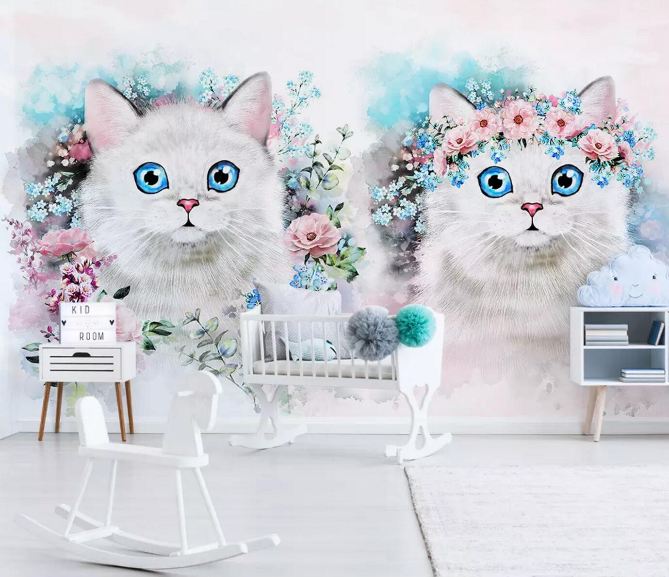 3D White Kitten Flower WC642 Wall Murals