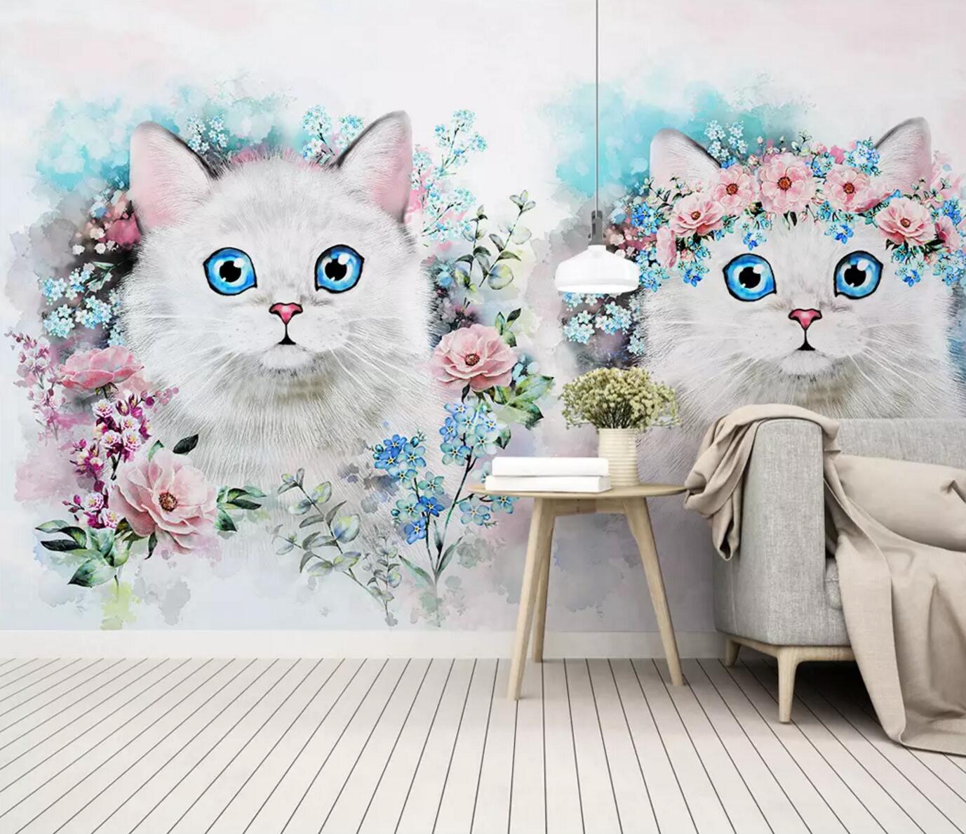 3D White Kitten Flower WC642 Wall Murals