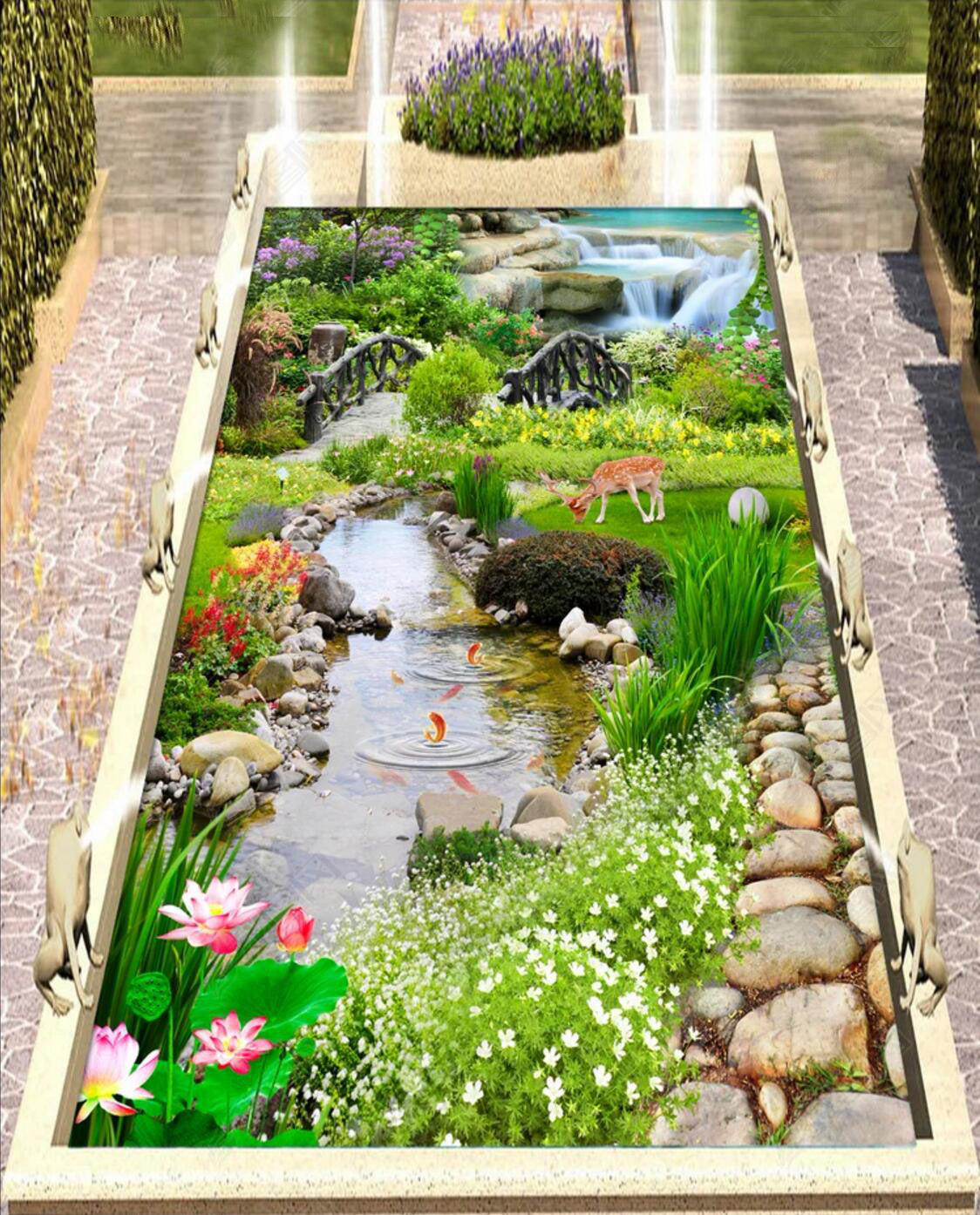 3D Fawn By The River 093 Floor Mural  Self-Adhesive Sticker Bathroom Non-slip Waterproof Flooring Murals