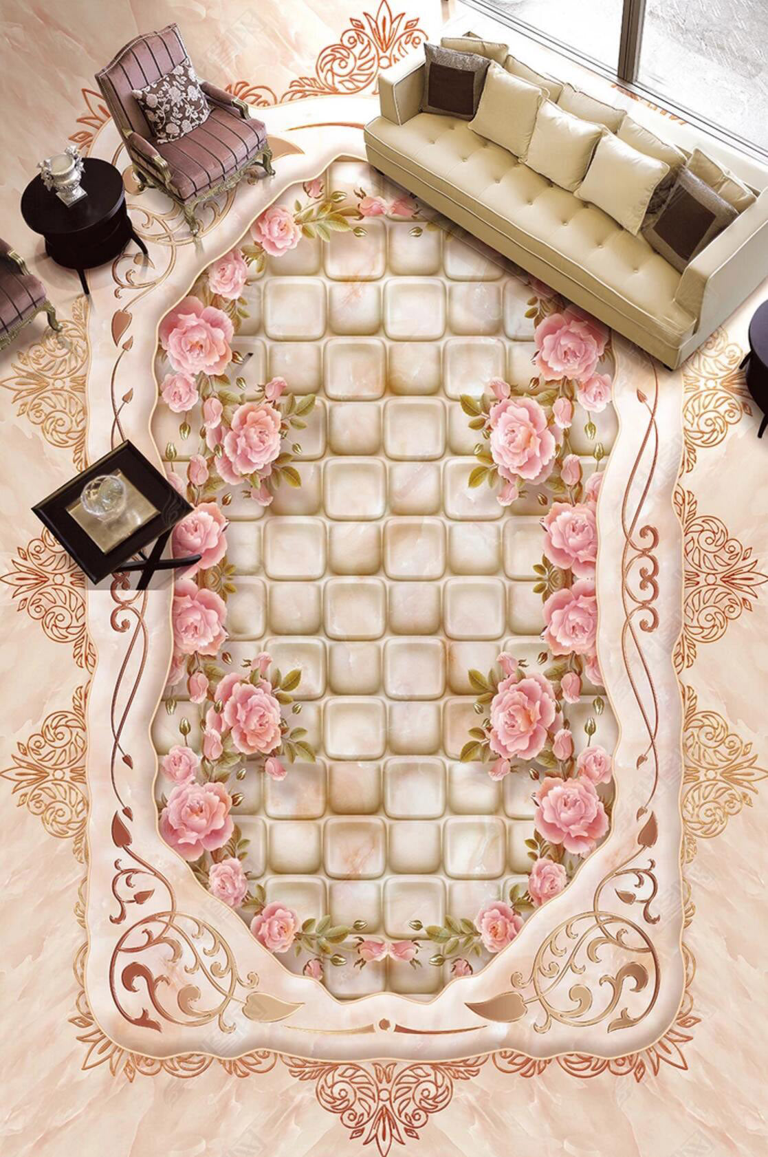 3D Square Flower 033 Floor Mural  Self-Adhesive Sticker Bathroom Non-slip Waterproof Flooring Murals