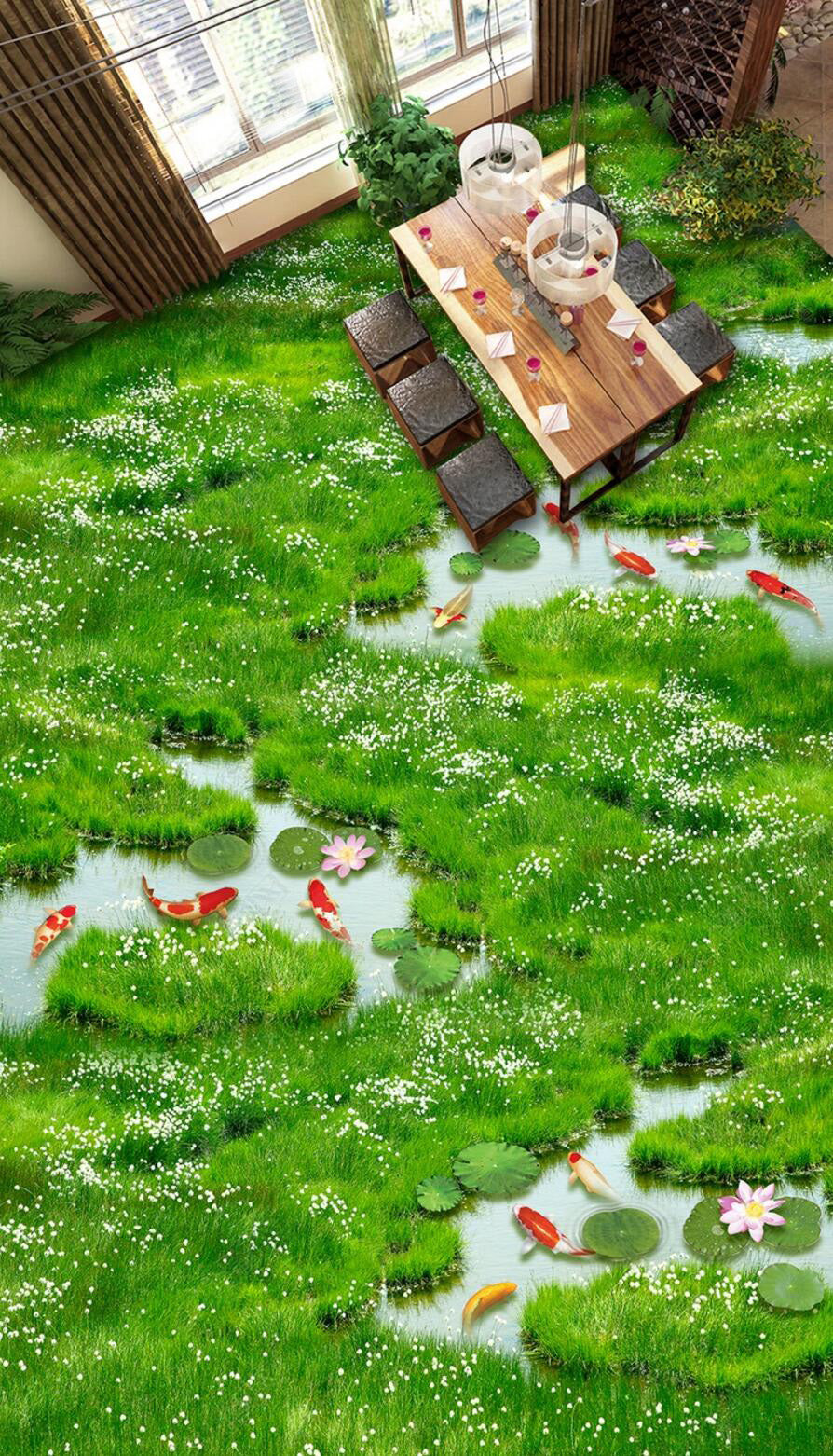 3D Green Grass Red Fish 094 Floor Mural  Self-Adhesive Sticker Bathroom Non-slip Waterproof Flooring Murals