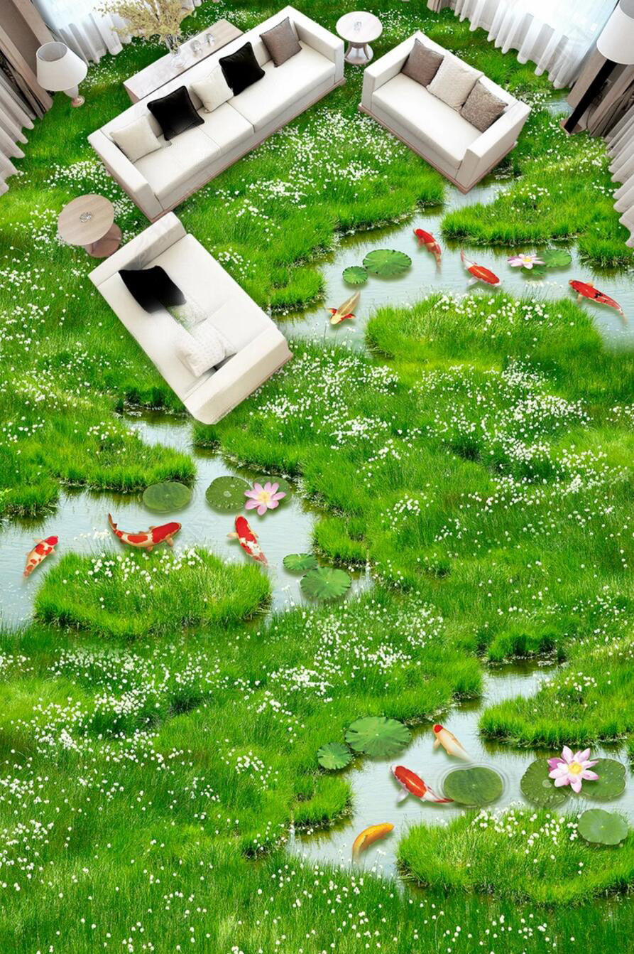 3D Green Grass Red Fish 094 Floor Mural  Self-Adhesive Sticker Bathroom Non-slip Waterproof Flooring Murals