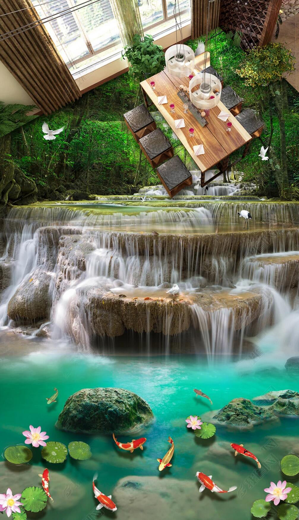 3D Forest Waterfall 084 Floor Mural  Self-Adhesive Sticker Bathroom Non-slip Waterproof Flooring Murals