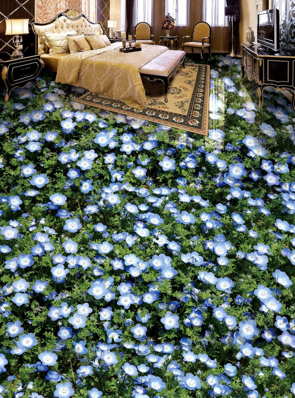 3D Blue Flowers 082 Floor Mural  Self-Adhesive Sticker Bathroom Non-slip Waterproof Flooring Murals