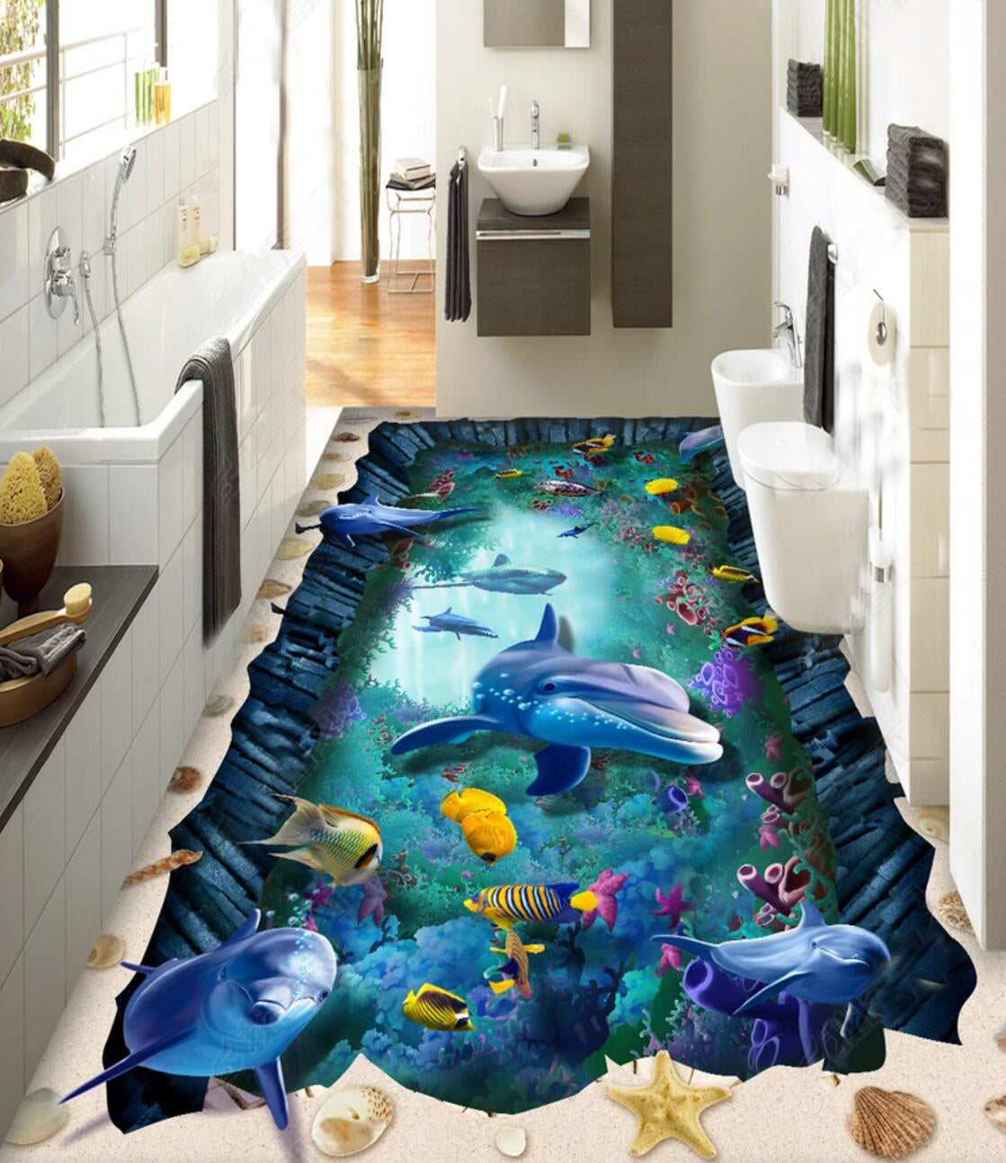 3D Colorful Fish 053 Floor Mural  Self-Adhesive Sticker Bathroom Non-slip Waterproof Flooring Murals