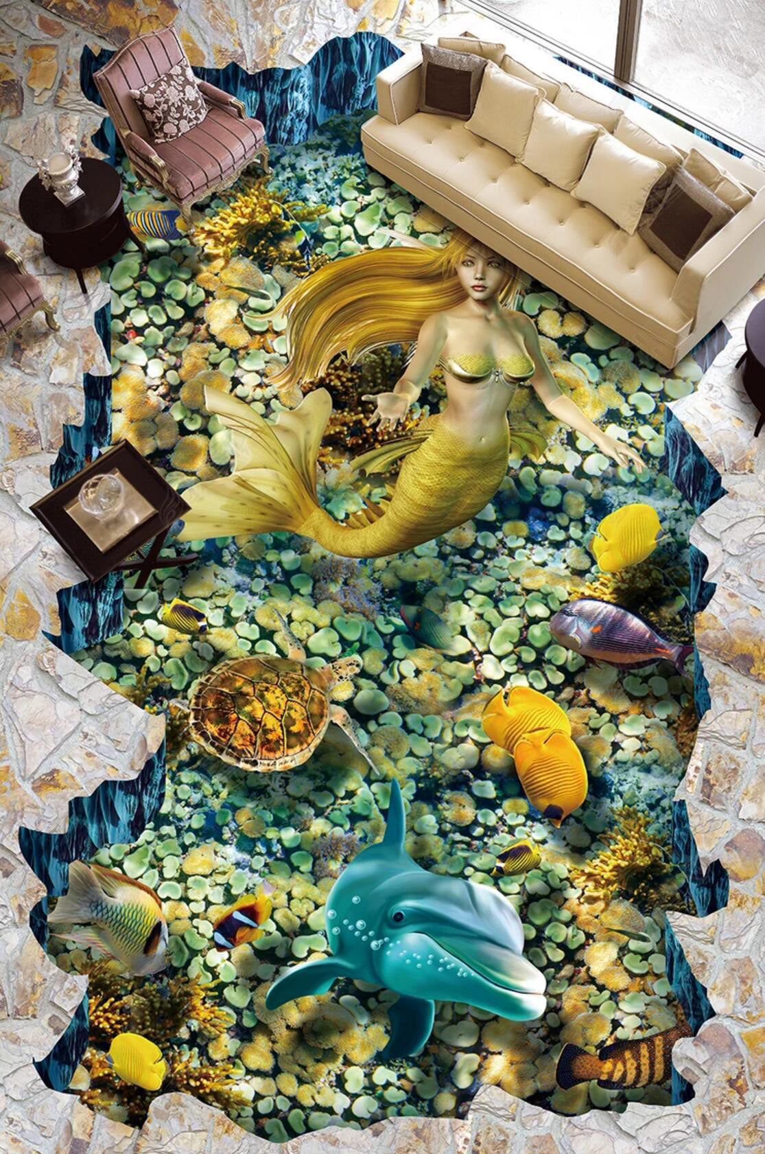 3D Beautiful Mrmaid 040 Floor Mural  Self-Adhesive Sticker Bathroom Non-slip Waterproof Flooring Murals