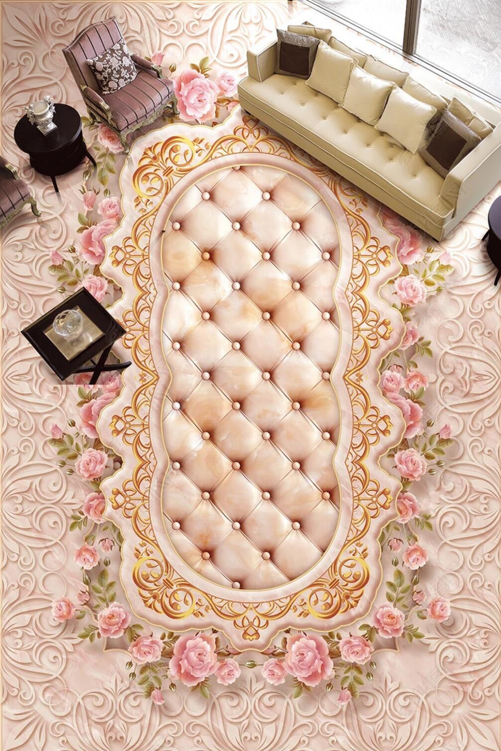 3D Pink Flowers 029 Floor Mural  Self-Adhesive Sticker Bathroom Non-slip Waterproof Flooring Murals