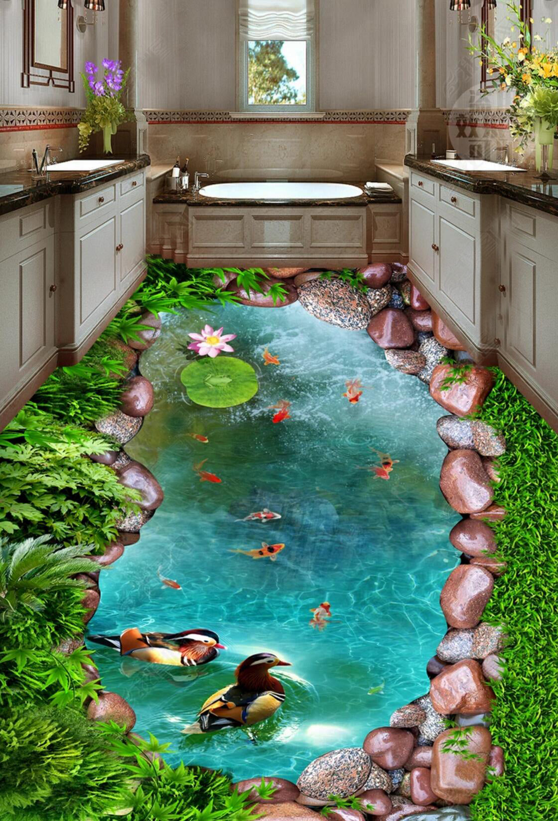 3D Pond Ducks 089 Floor Mural  Self-Adhesive Sticker Bathroom Non-slip Waterproof Flooring Murals