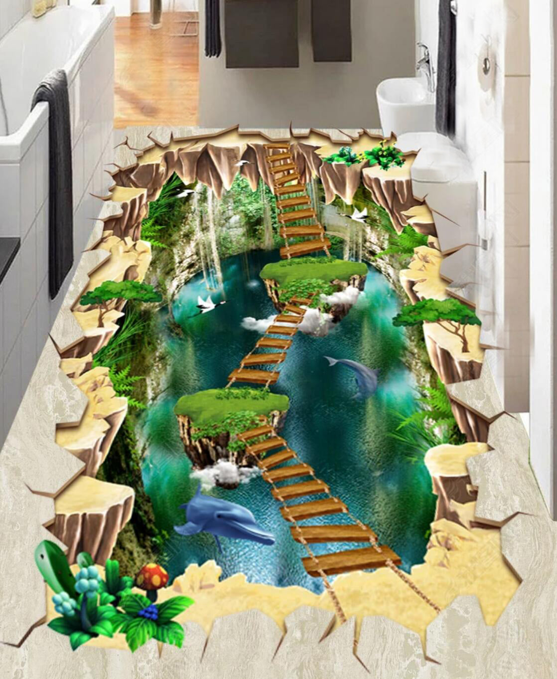 3D Zigzag Wooden Bridge 075 Floor Mural  Self-Adhesive Sticker Bathroom Non-slip Waterproof Flooring Murals