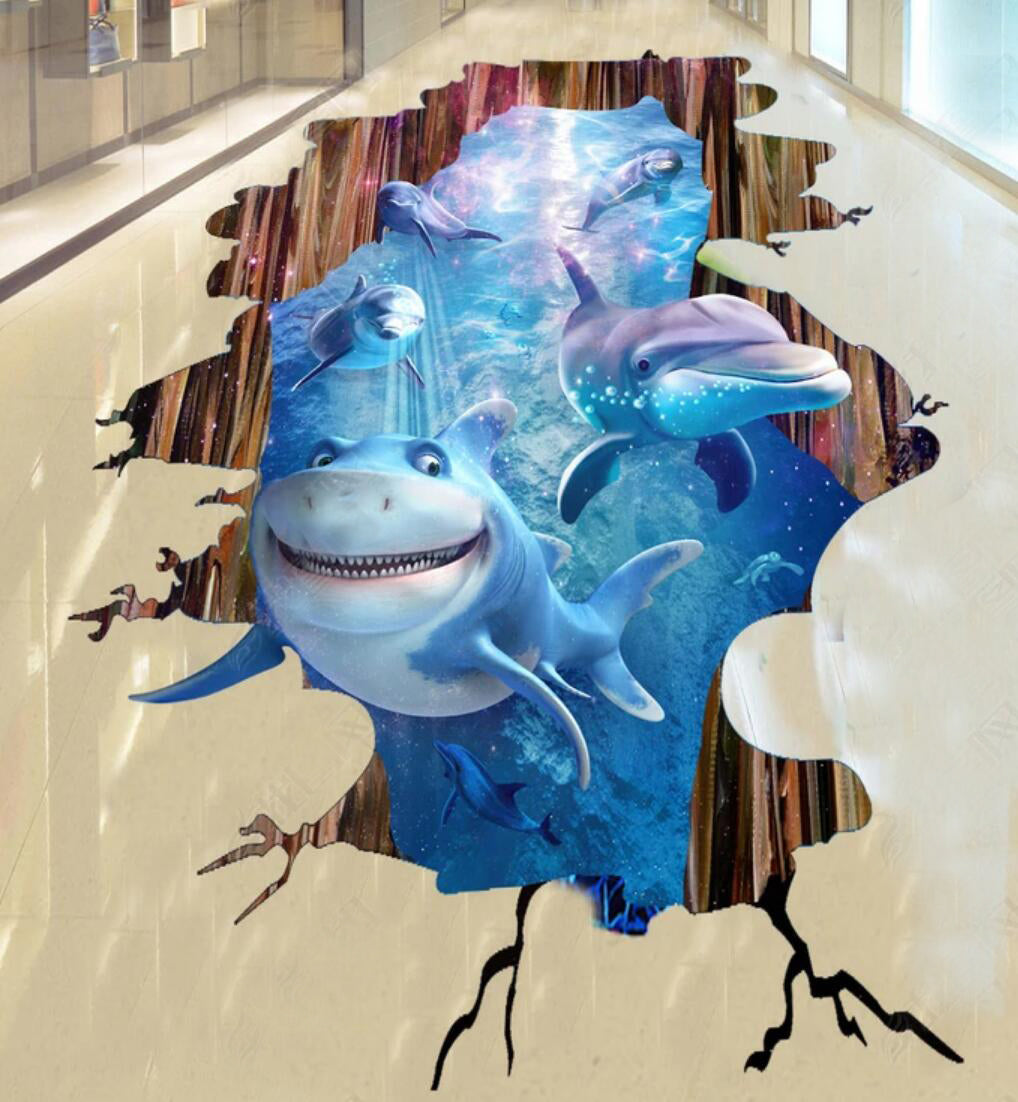 3D Smiling Shark 073 Floor Mural  Self-Adhesive Sticker Bathroom Non-slip Waterproof Flooring Murals