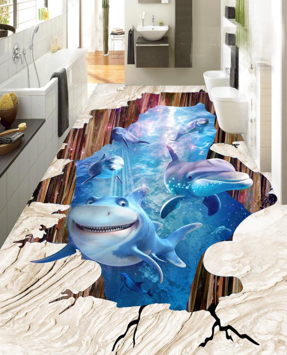 3D Smiling Shark 073 Floor Mural  Self-Adhesive Sticker Bathroom Non-slip Waterproof Flooring Murals