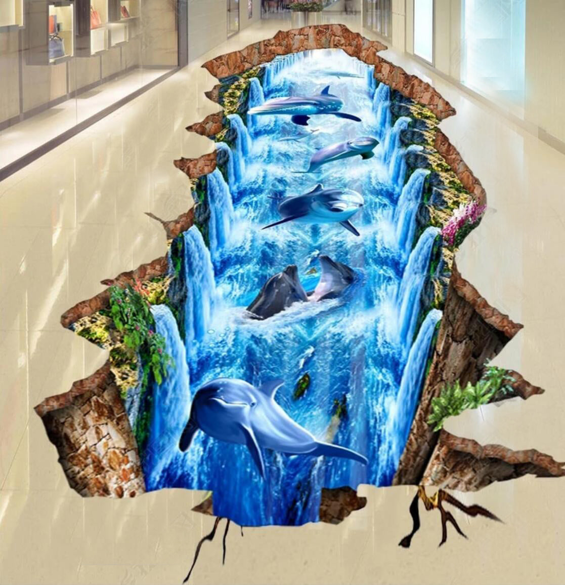 3D Dolphin World 070 Floor Mural  Self-Adhesive Sticker Bathroom Non-slip Waterproof Flooring Murals