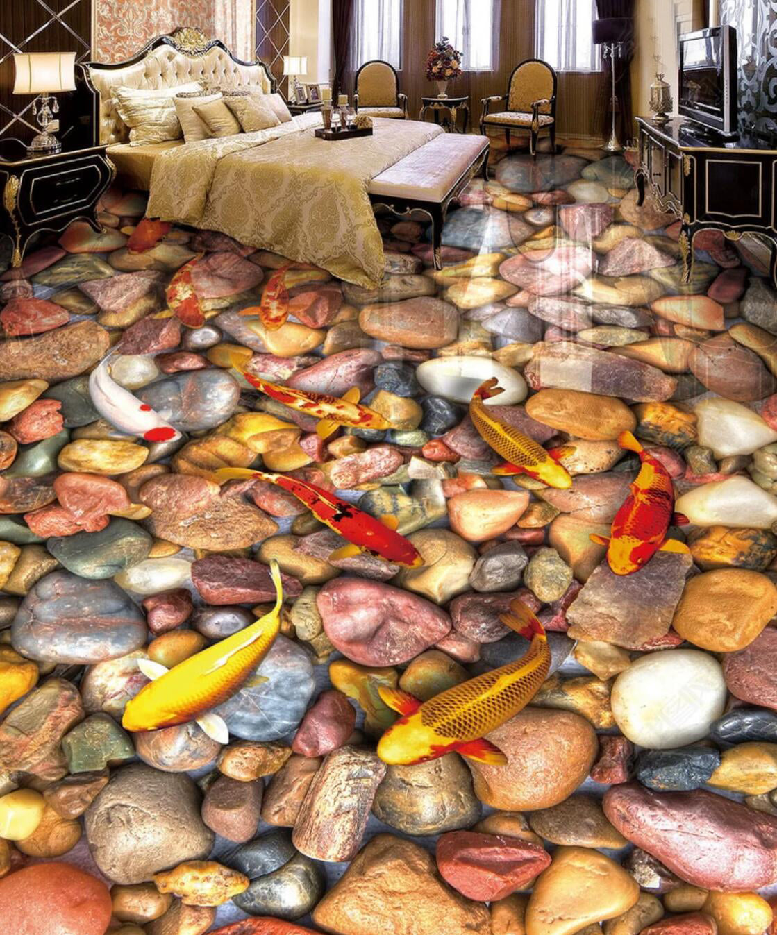 3D Swimming Koi Fish 069 Floor Mural  Self-Adhesive Sticker Bathroom Non-slip Waterproof Flooring Murals