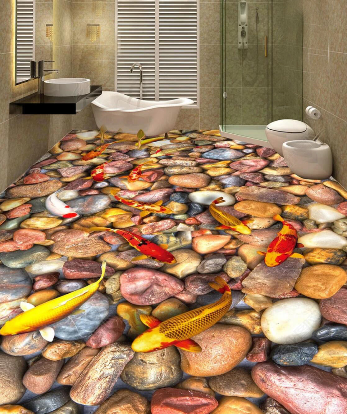 3D Swimming Koi Fish 069 Floor Mural  Self-Adhesive Sticker Bathroom Non-slip Waterproof Flooring Murals