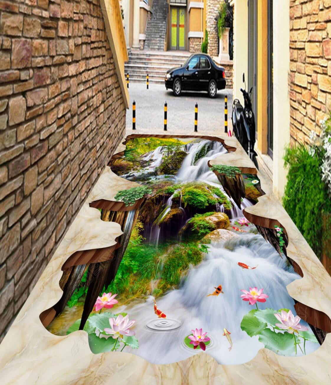 3D Waterfall Lotus 028 Floor Mural  Self-Adhesive Sticker Bathroom Non-slip Waterproof Flooring Murals
