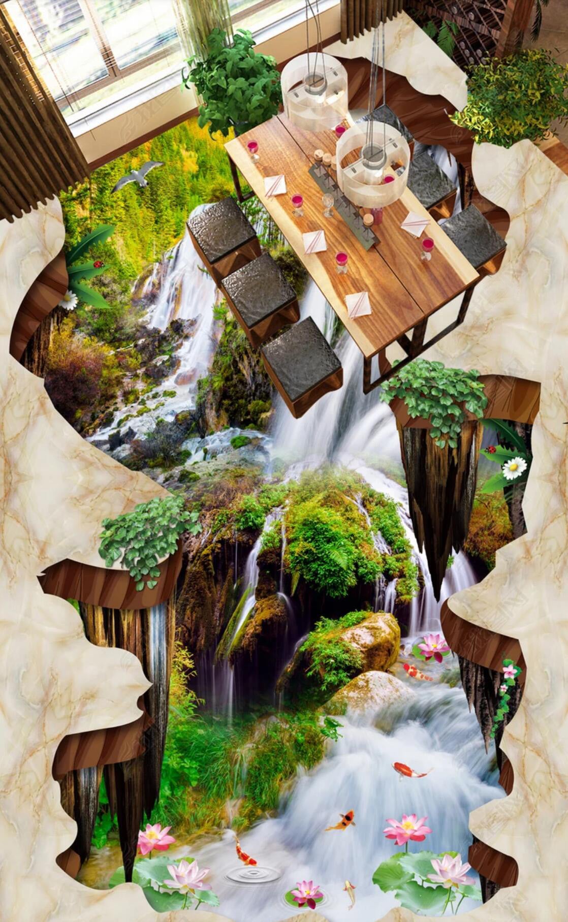 3D Waterfall Lotus 028 Floor Mural  Self-Adhesive Sticker Bathroom Non-slip Waterproof Flooring Murals