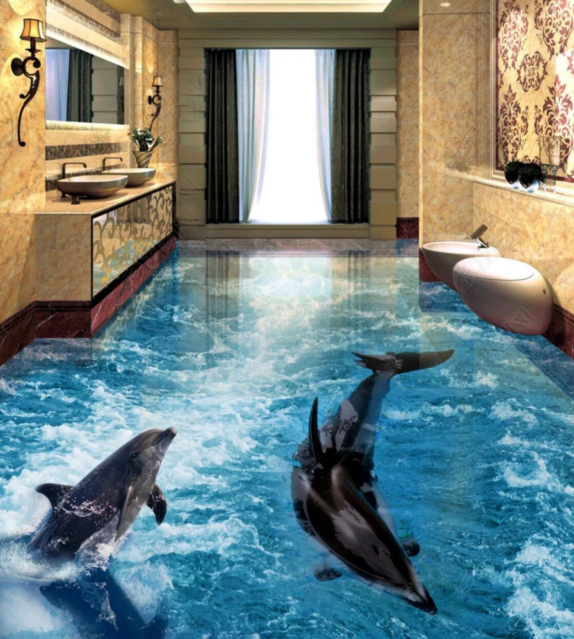 3D Churning Fish 025 Floor Mural  Self-Adhesive Sticker Bathroom Non-slip Waterproof Flooring Murals