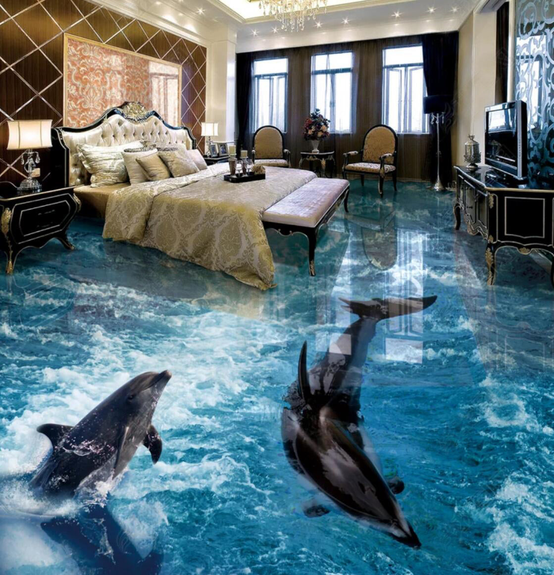 3D Churning Fish 025 Floor Mural  Self-Adhesive Sticker Bathroom Non-slip Waterproof Flooring Murals