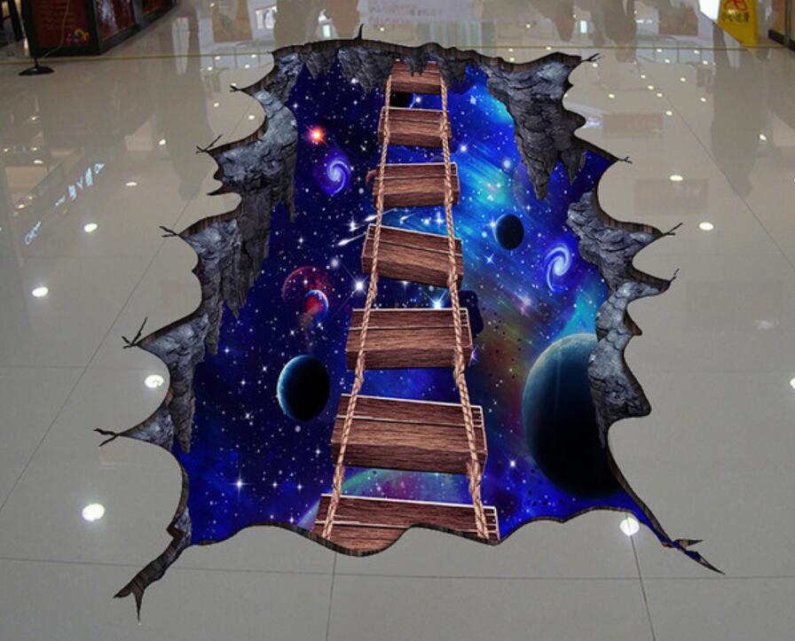 3D Starry Sky Wooden Bridge 102 Floor Mural  Self-Adhesive Sticker Bathroom Non-slip Waterproof Flooring Murals
