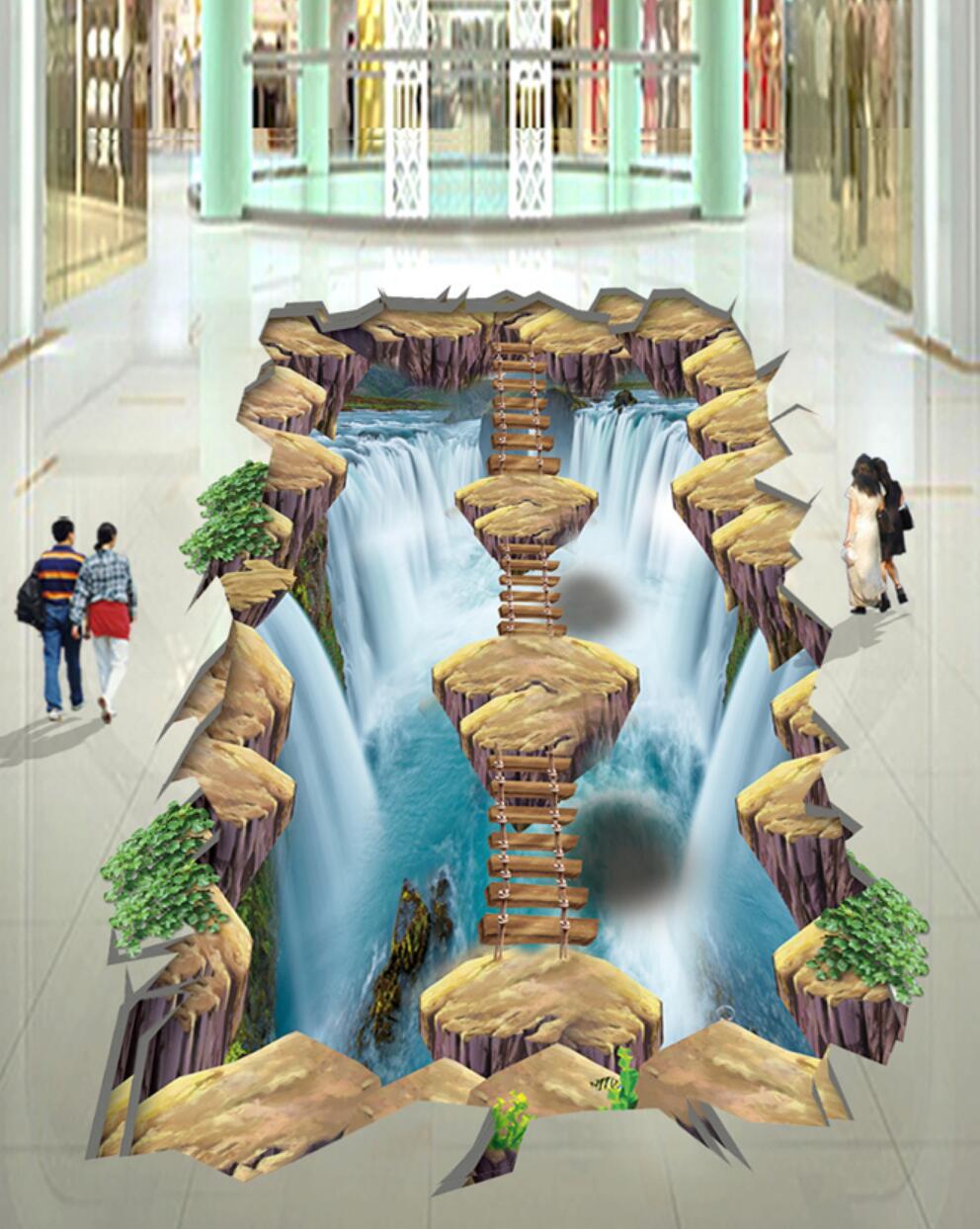 3D Waterfall Stone Bridge 169 Floor Mural  Self-Adhesive Sticker Bathroom Non-slip Waterproof Flooring Murals