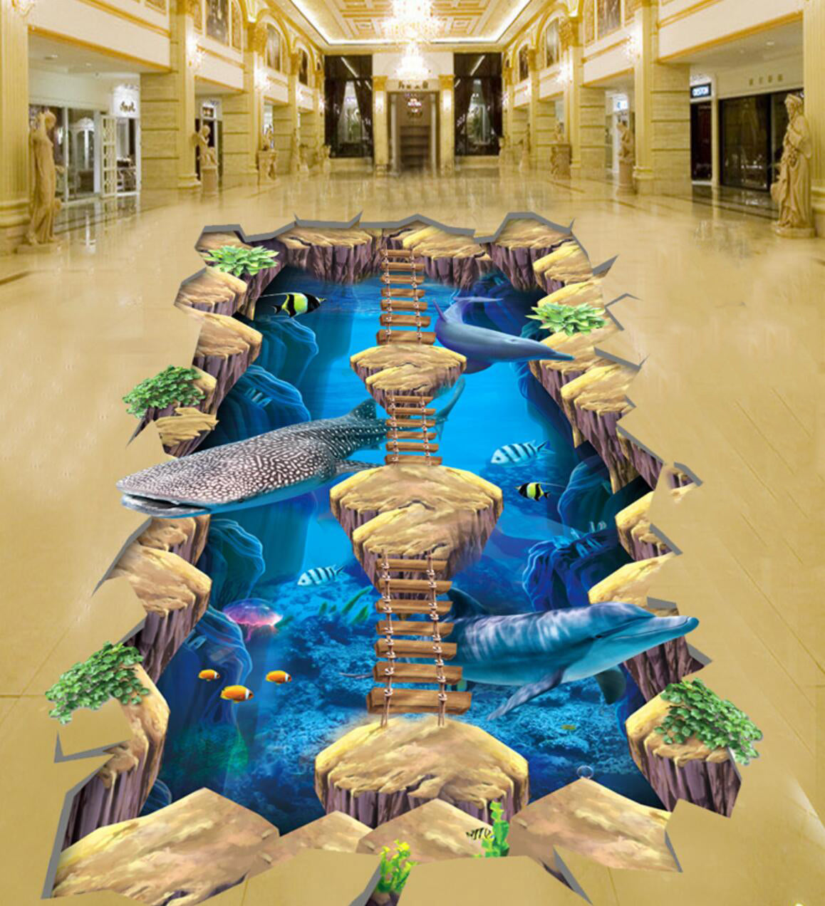 3D Ocean Stone Bridge 160 Floor Mural  Self-Adhesive Sticker Bathroom Non-slip Waterproof Flooring Murals