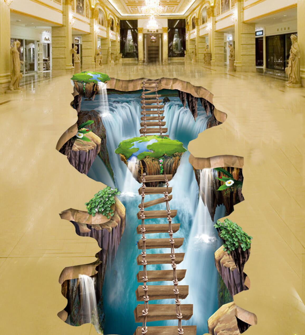 3D Waterfall Wooden Bridge 154 Floor Mural  Self-Adhesive Sticker Bathroom Non-slip Waterproof Flooring Murals