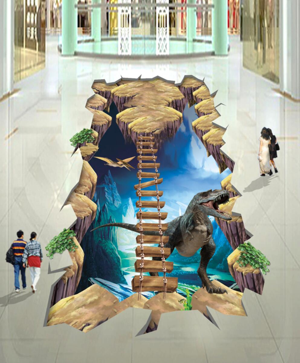 3D Wooden Bridge Dinosaur 117 Floor Mural  Self-Adhesive Sticker Bathroom Non-slip Waterproof Flooring Murals
