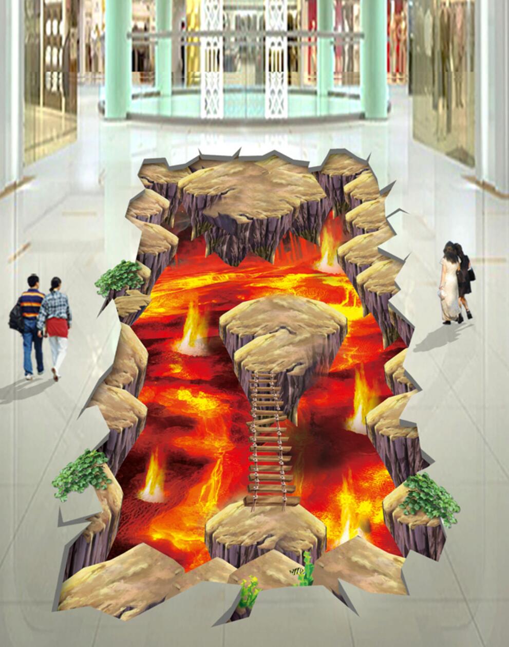 3D Flame Stone Bridge 132 Floor Mural  Self-Adhesive Sticker Bathroom Non-slip Waterproof Flooring Murals