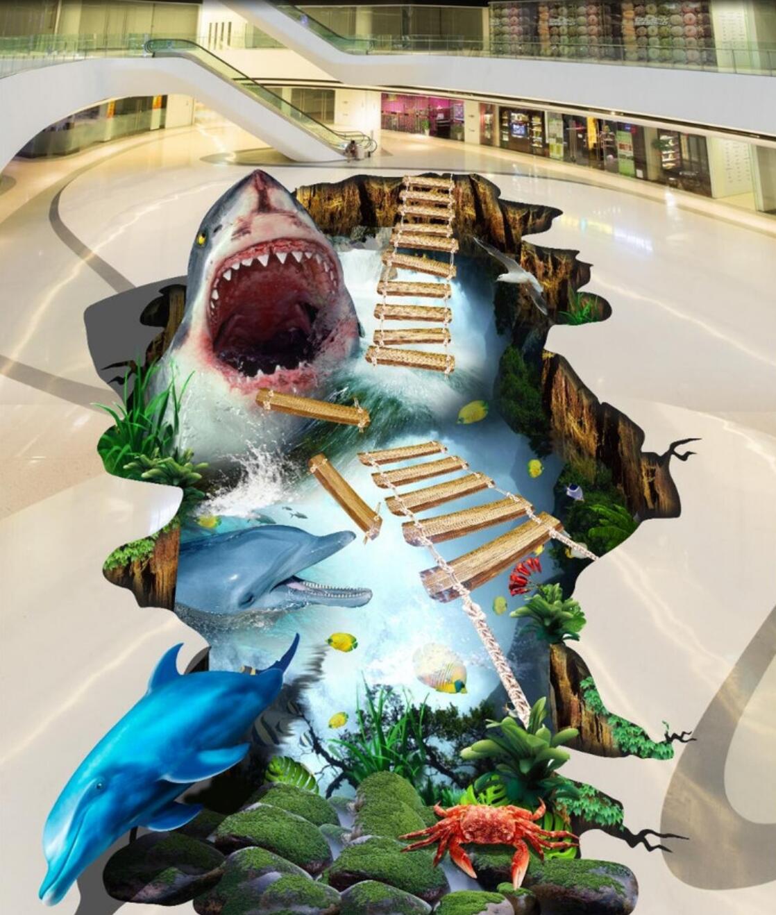 3D Bite Off The Wooden Bridge 121 Floor Mural  Self-Adhesive Sticker Bathroom Non-slip Waterproof Flooring Murals