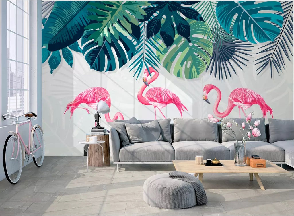 3D Flamingo Leaves WC24 Wall Murals Wallpaper AJ Wallpaper 2 