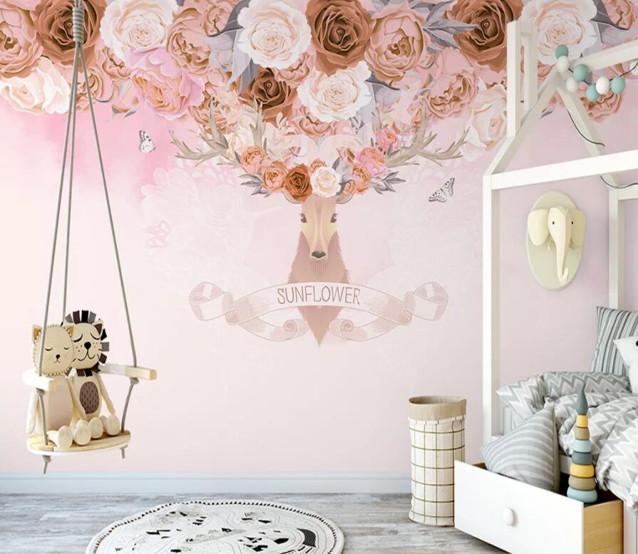 3D Deer Red Rose WG1169 Wall Murals