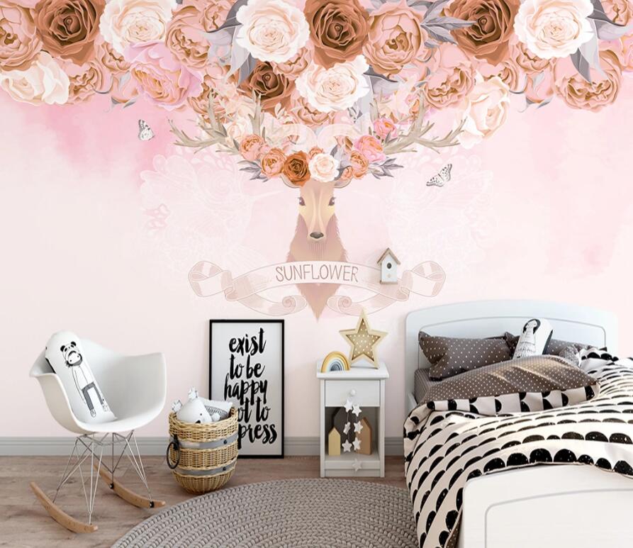 3D Deer Red Rose WG1169 Wall Murals