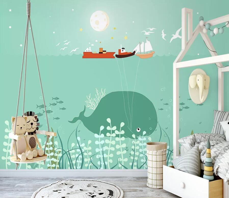 3D Moon Whale Boat WG1163 Wall Murals