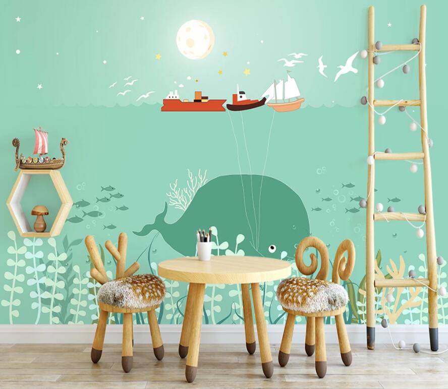 3D Moon Whale Boat WG1163 Wall Murals