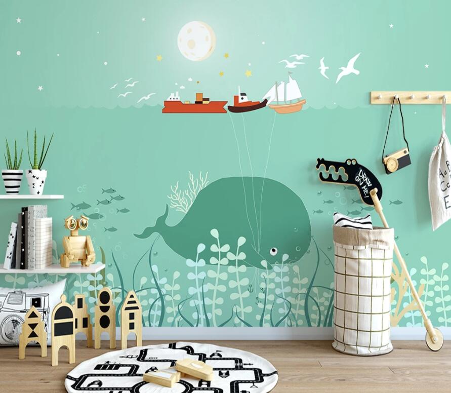 3D Moon Whale Boat WG1163 Wall Murals