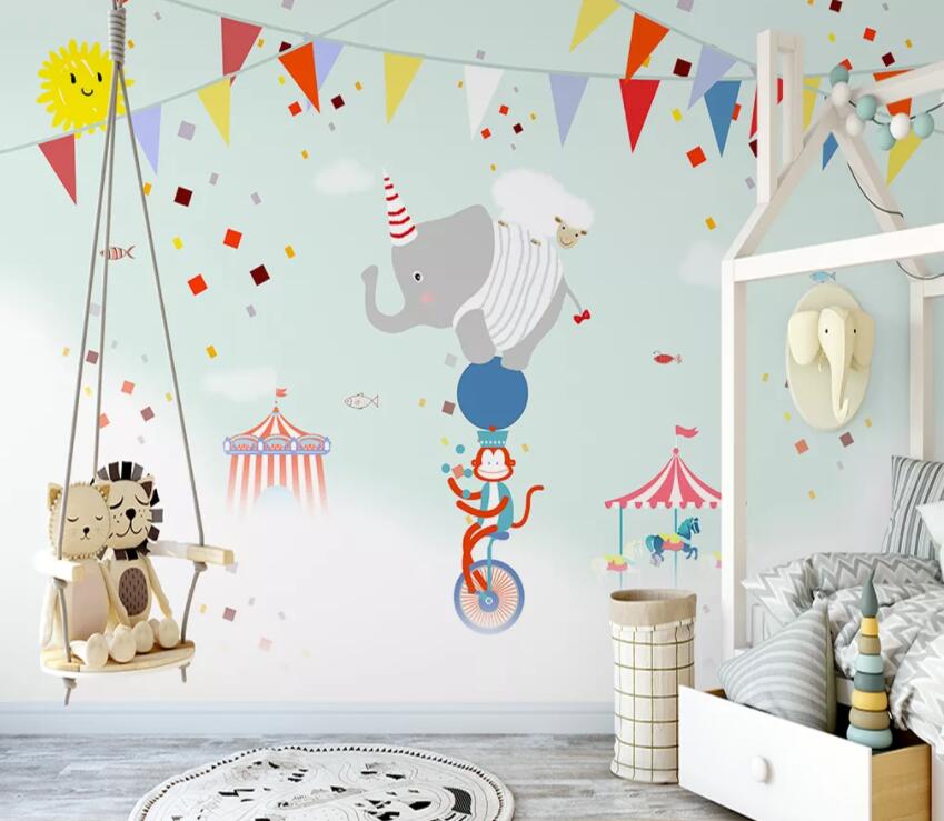 3D Elephant Monkey WG936 Wall Murals