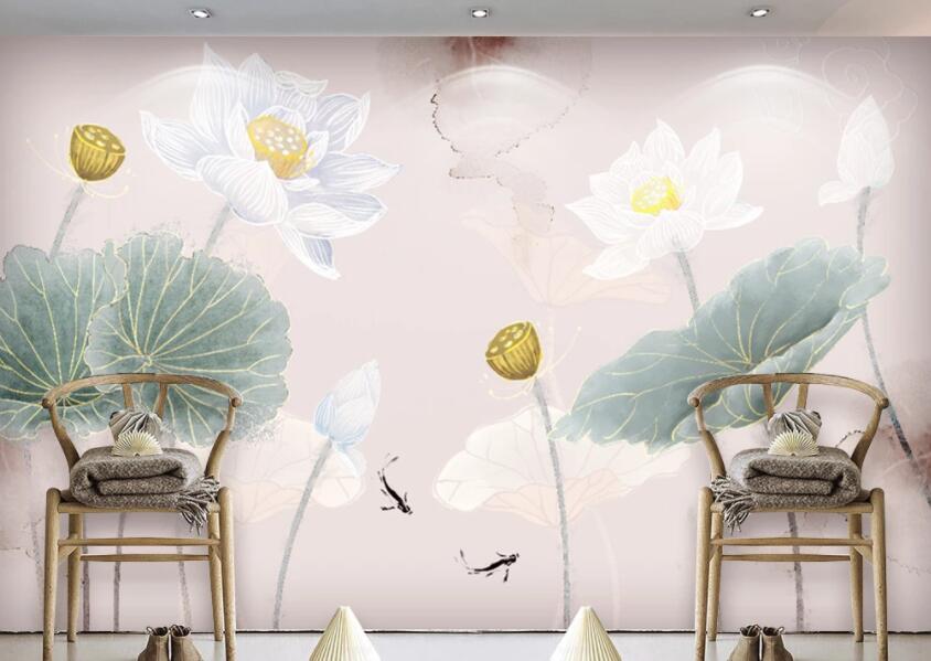 3D Lotus Goldfish 627 Wall Murals Wallpaper AJ Wallpaper 2 